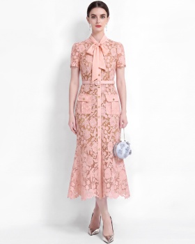 Slim short sleeve with belt elegant pinched waist dress