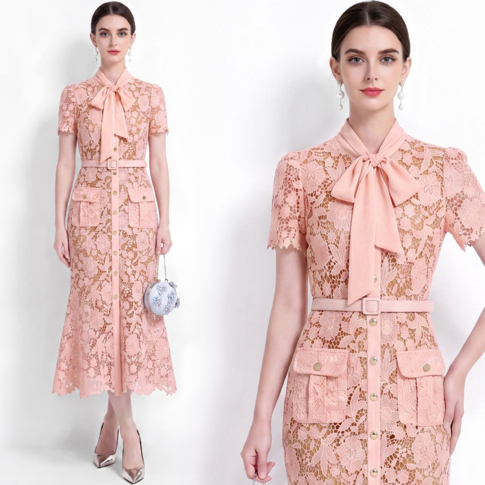 Slim short sleeve with belt elegant pinched waist dress