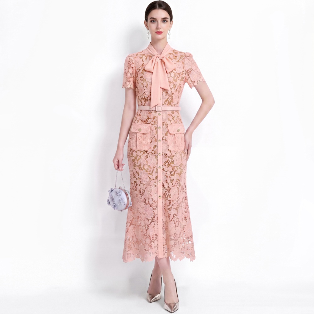Slim short sleeve with belt elegant pinched waist dress