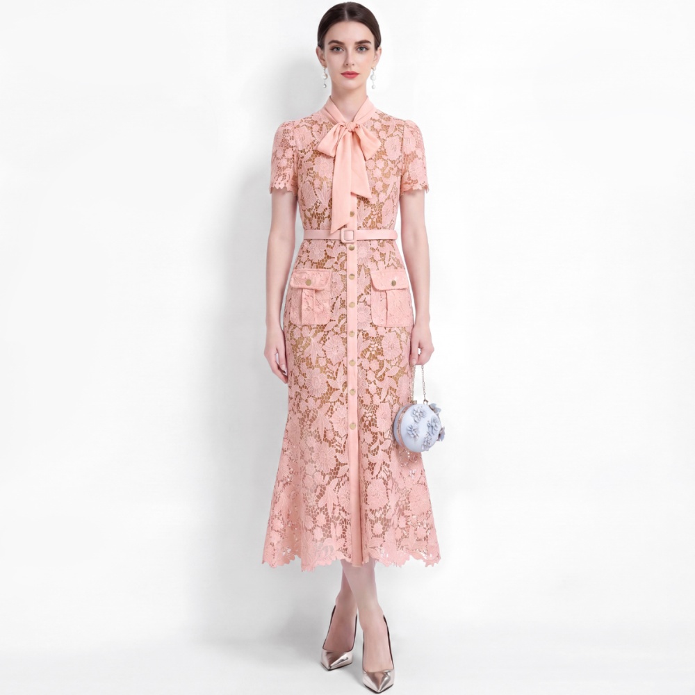 Slim short sleeve with belt elegant pinched waist dress