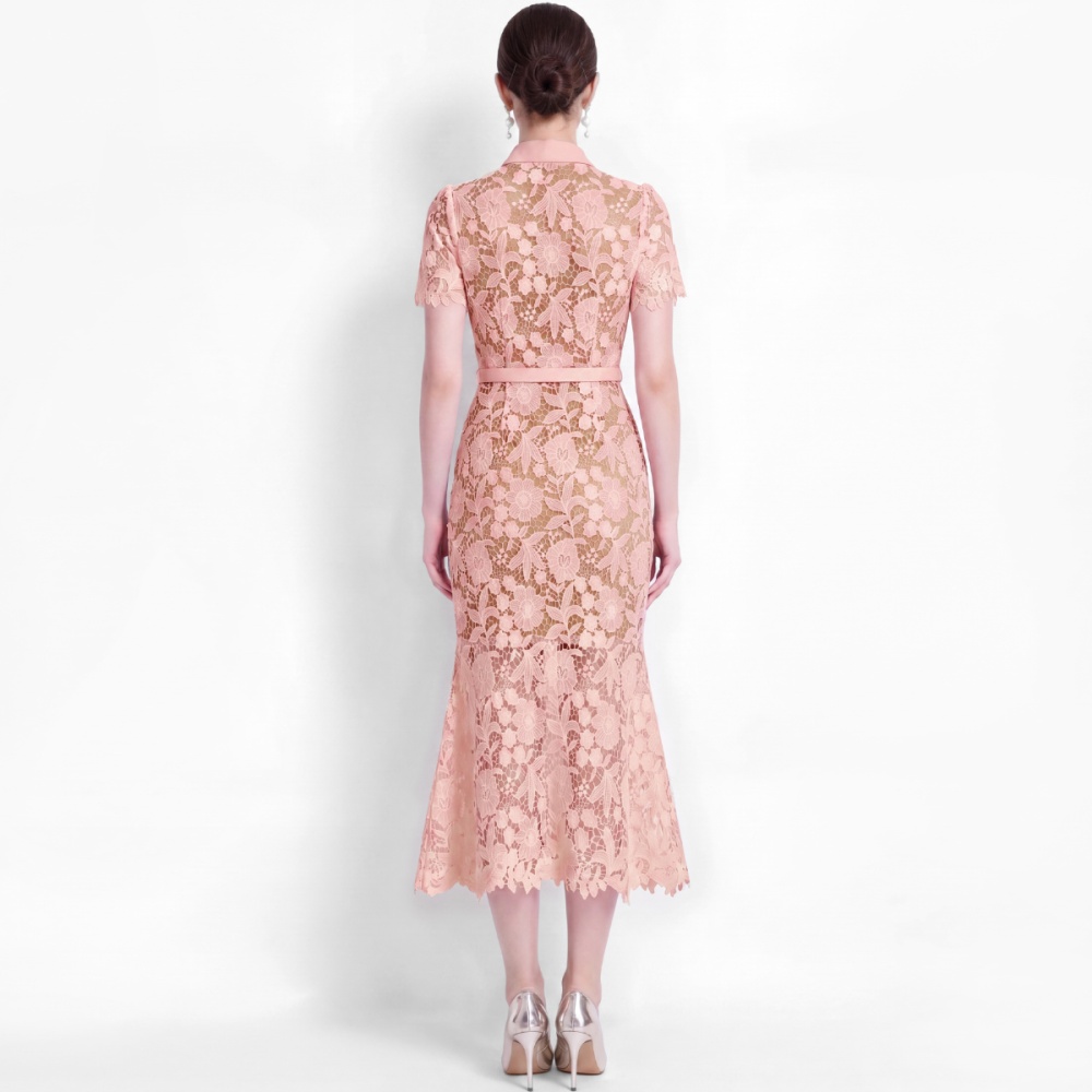 Slim short sleeve with belt elegant pinched waist dress