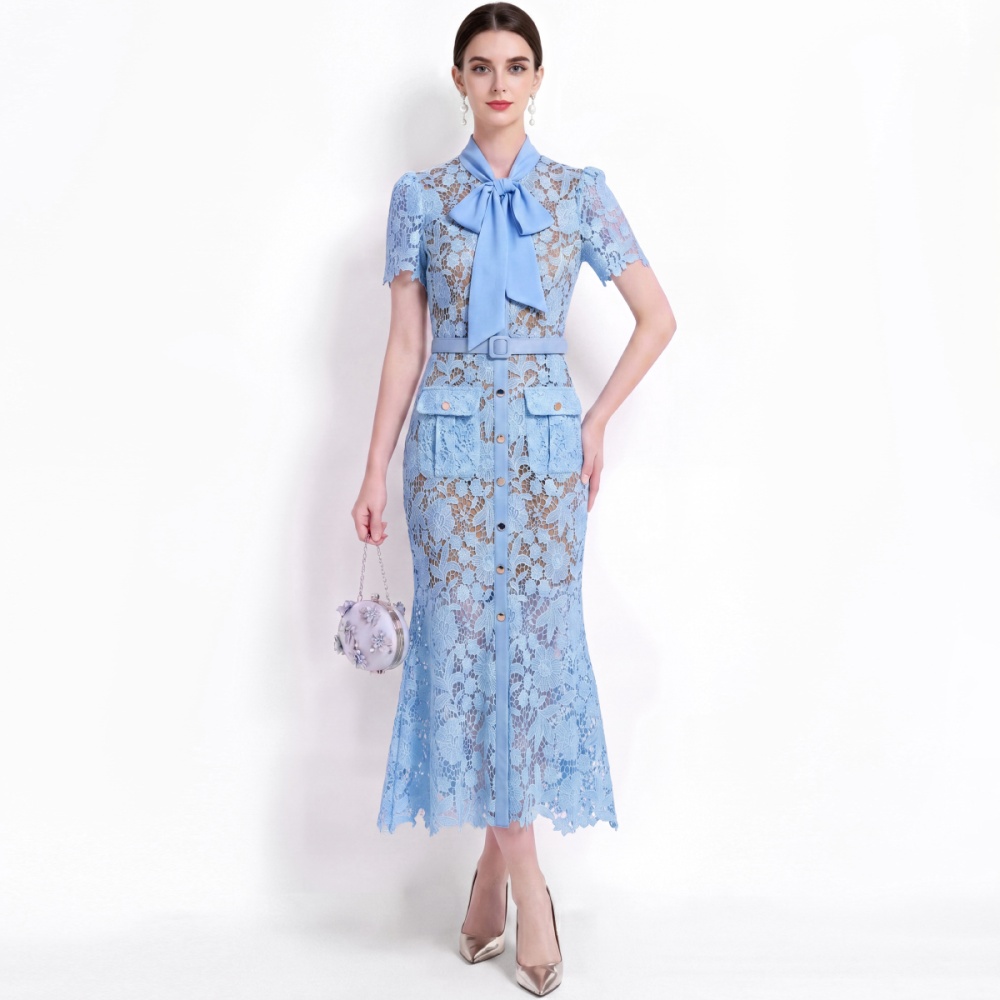 Short sleeve slim with belt temperament mermaid dress