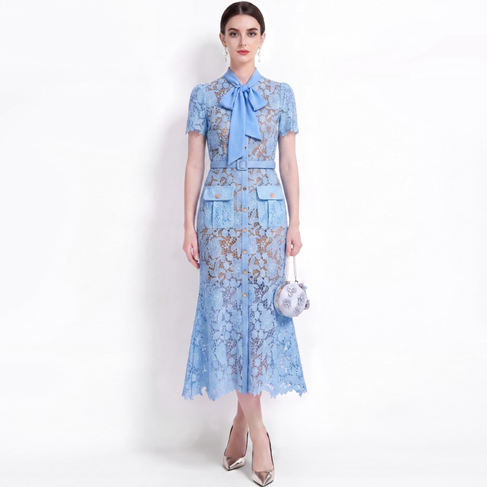 Short sleeve slim with belt temperament mermaid dress