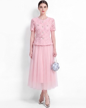 Elegant gauze temperament long dress splice round neck dress