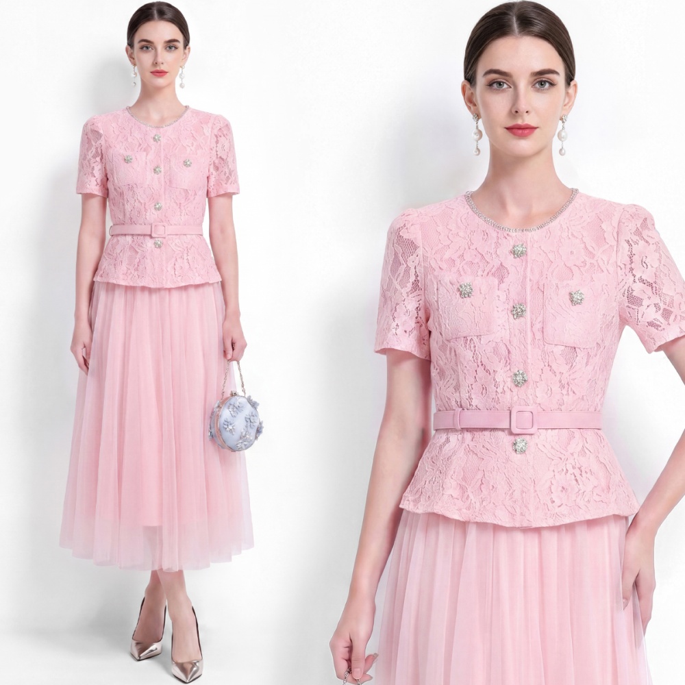 Elegant gauze temperament long dress splice round neck dress