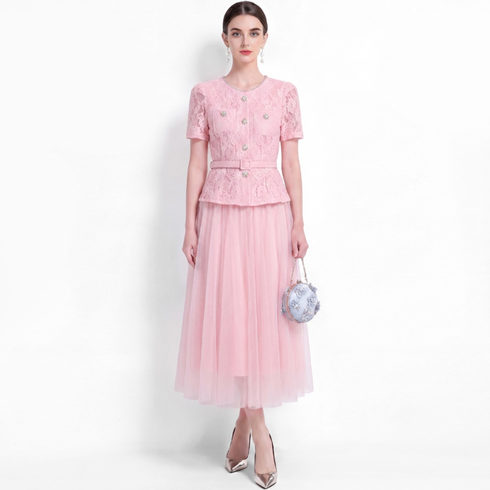 Elegant gauze temperament long dress splice round neck dress