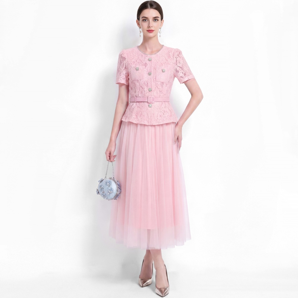 Elegant gauze temperament long dress splice round neck dress