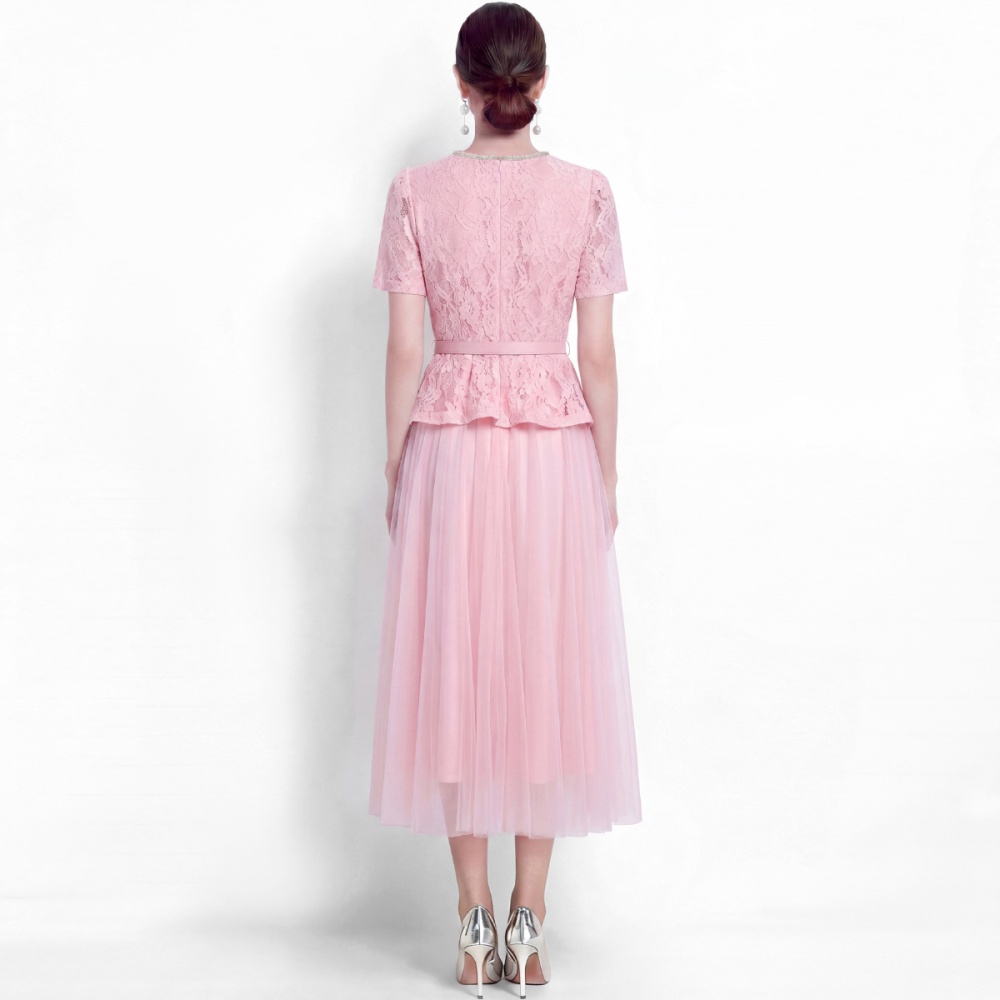 Elegant gauze temperament long dress splice round neck dress