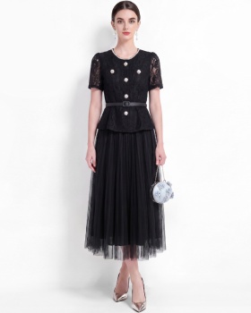 With belt gauze slim long dress high waist lace dress