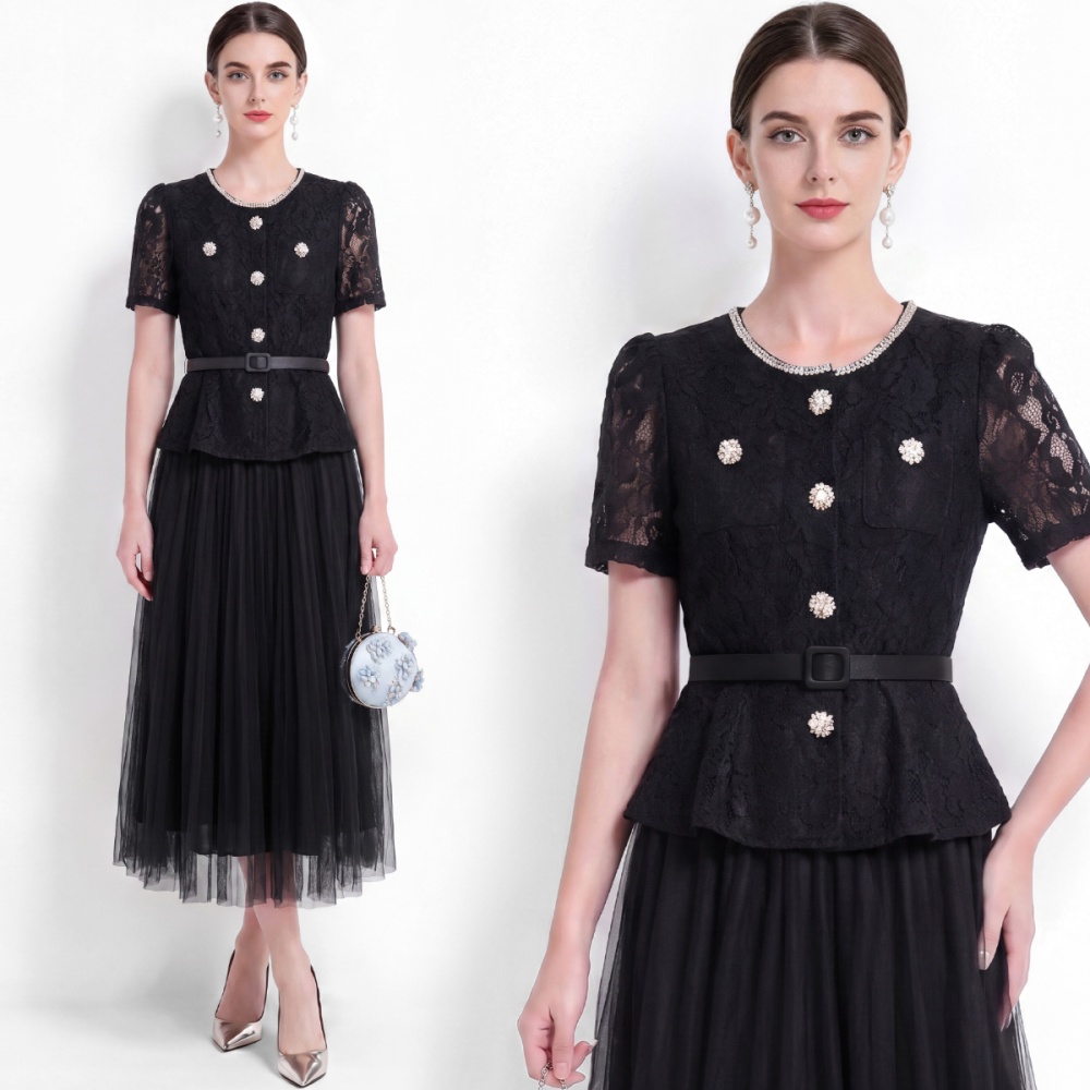 With belt gauze slim long dress high waist lace dress