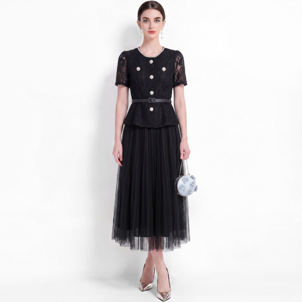 With belt gauze slim long dress high waist lace dress