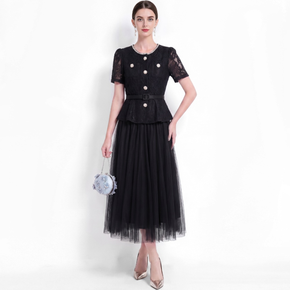 With belt gauze slim long dress high waist lace dress