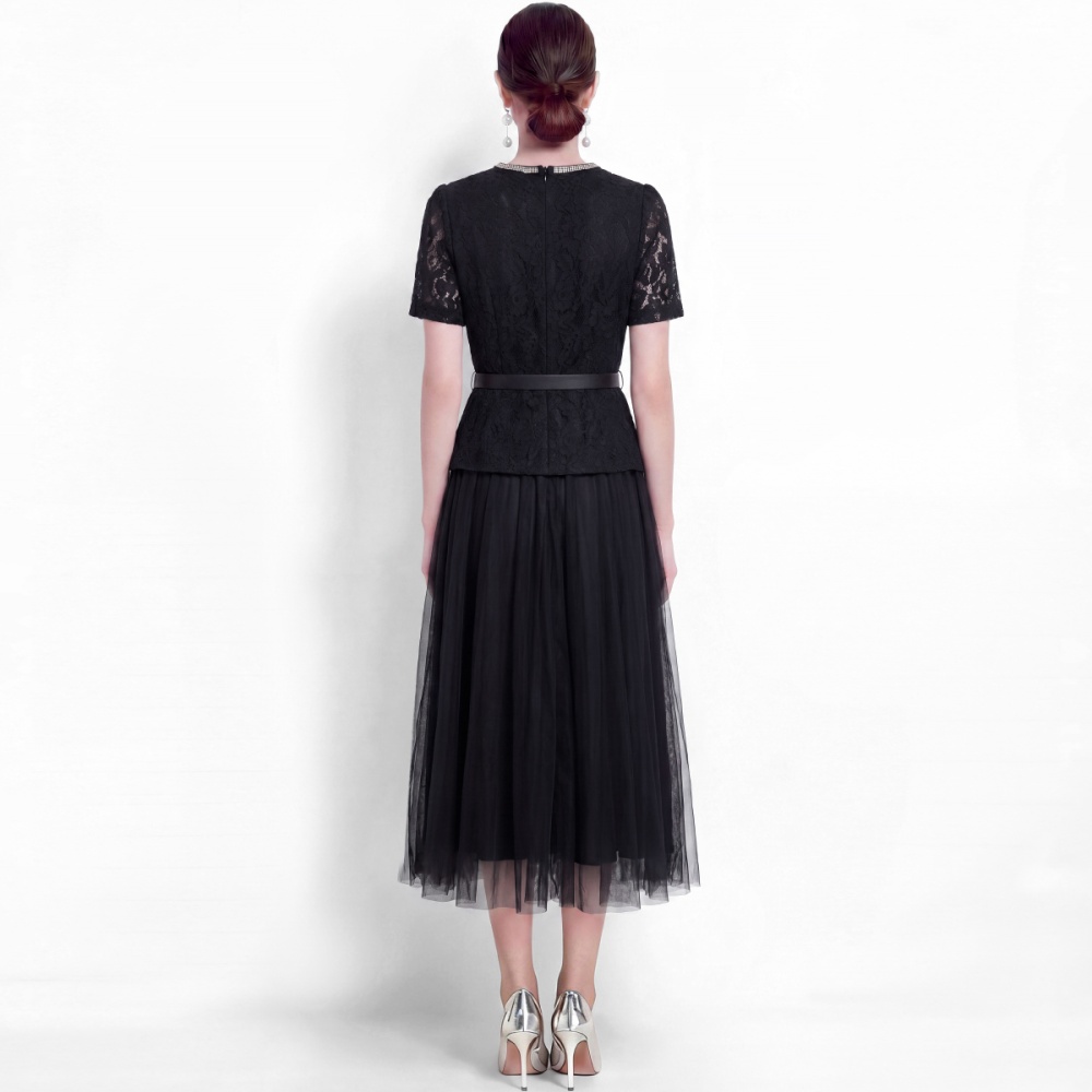 With belt gauze slim long dress high waist lace dress
