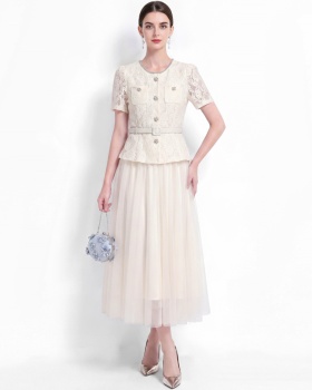 High waist temperament long dress lace with belt dress