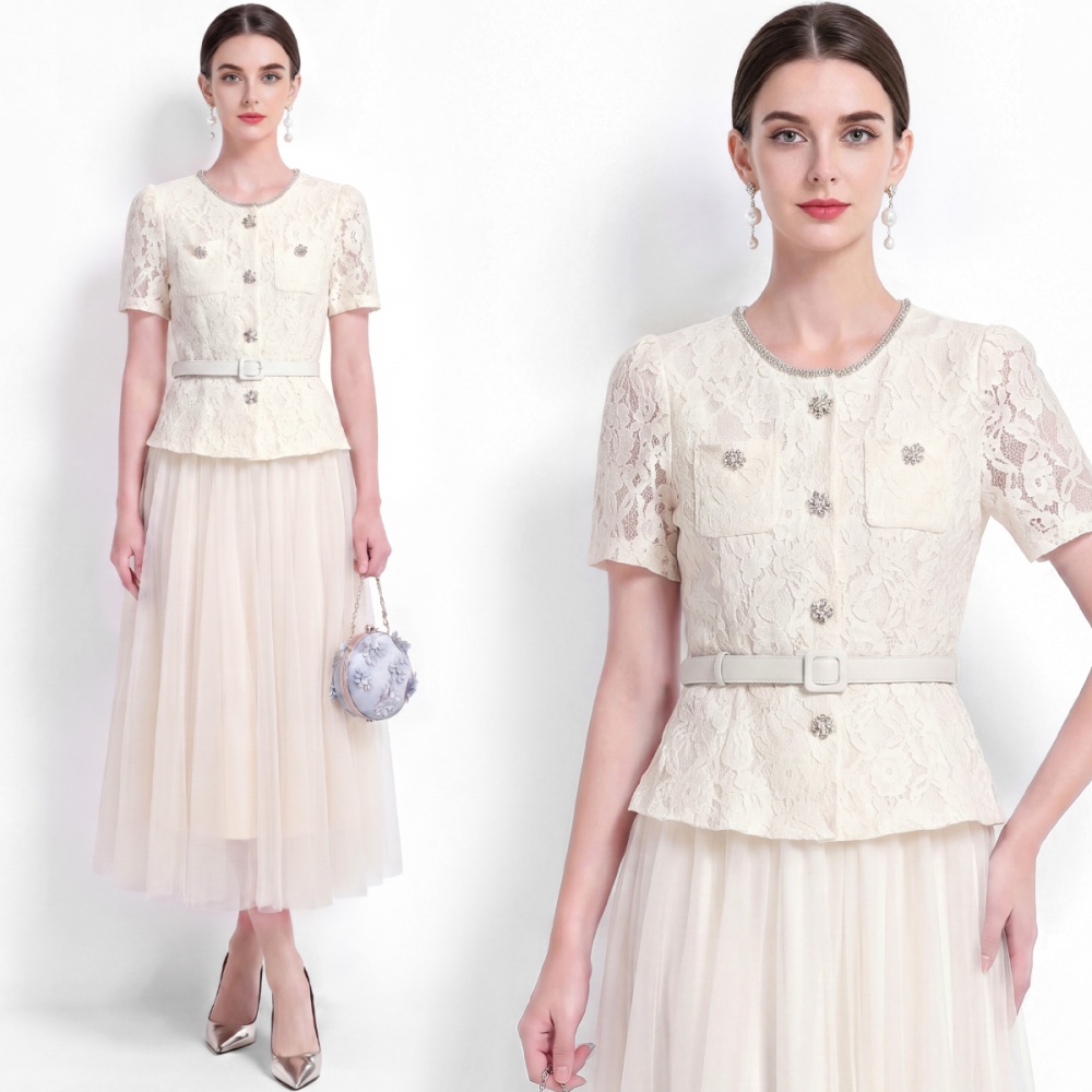 High waist temperament long dress lace with belt dress