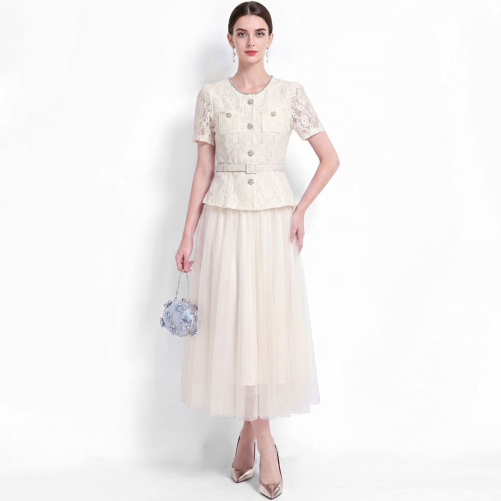 High waist temperament long dress lace with belt dress