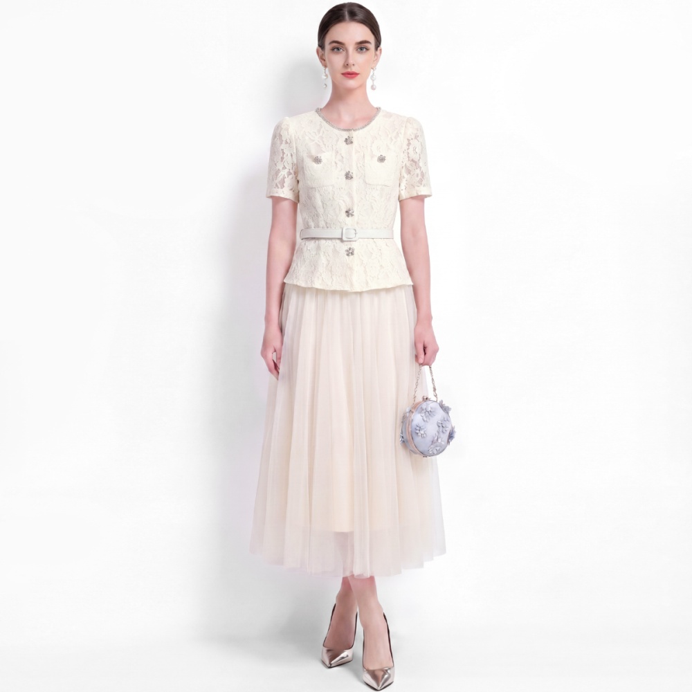 High waist temperament long dress lace with belt dress