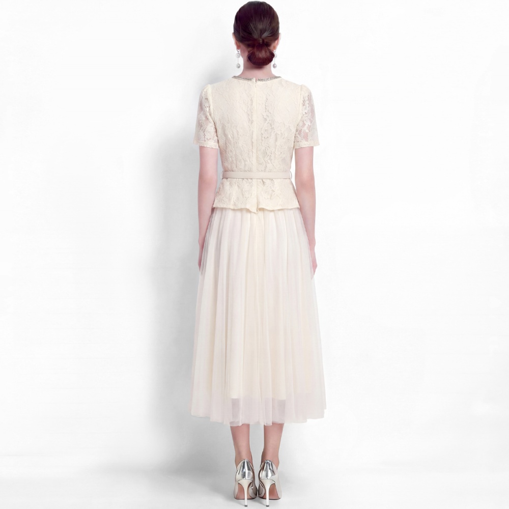 High waist temperament long dress lace with belt dress