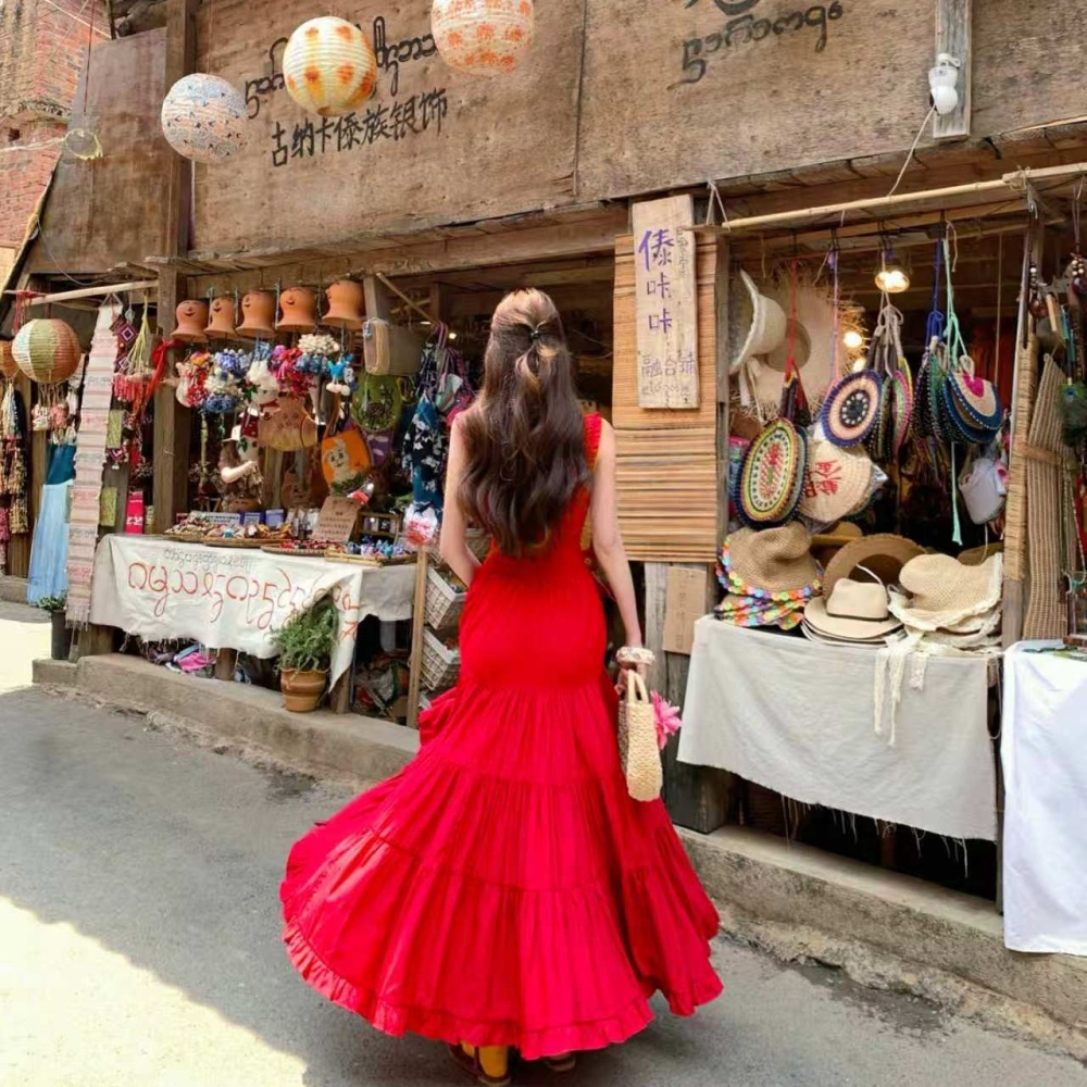 Western style retro long dress vacation dress for women