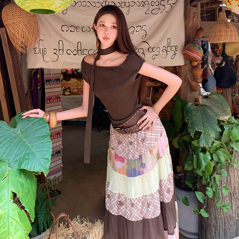 Sloping shoulder T-shirt Casual skirt 2pcs set for women