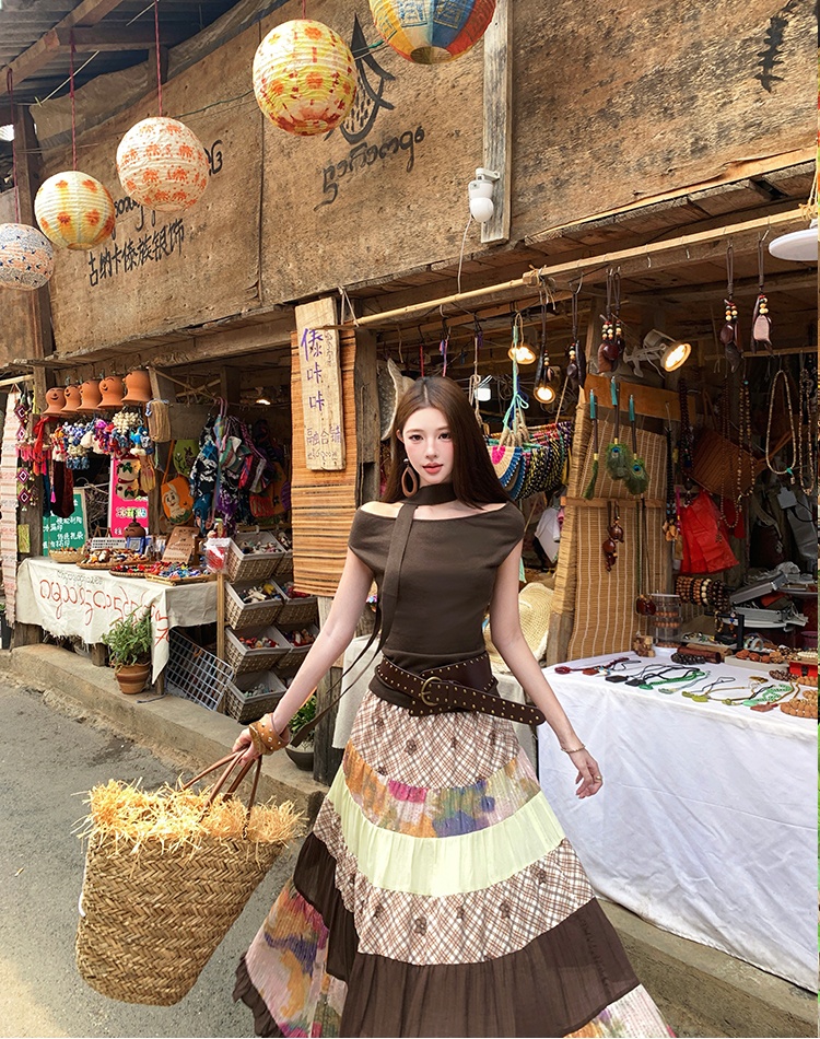 Sloping shoulder T-shirt Casual skirt 2pcs set for women