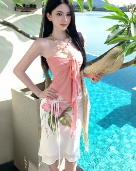 Wrapped chest summer printing skirt colors A-line tops a set