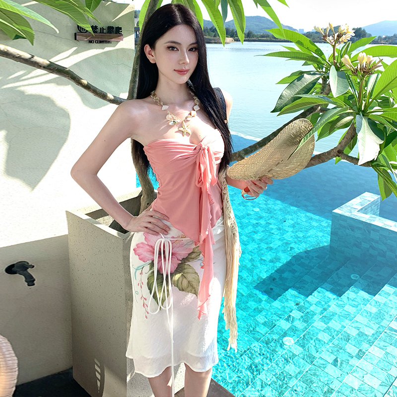 Wrapped chest summer printing skirt colors A-line tops a set
