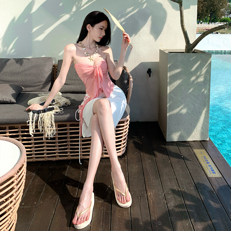 Wrapped chest summer printing skirt colors A-line tops a set