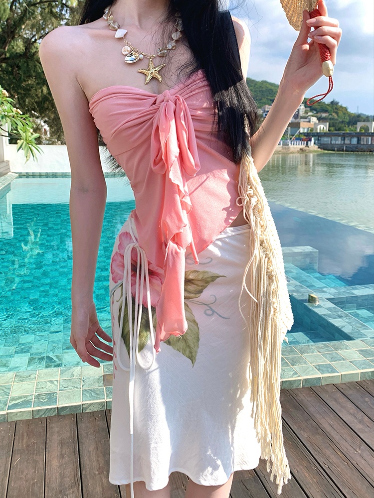 Wrapped chest summer printing skirt colors A-line tops a set