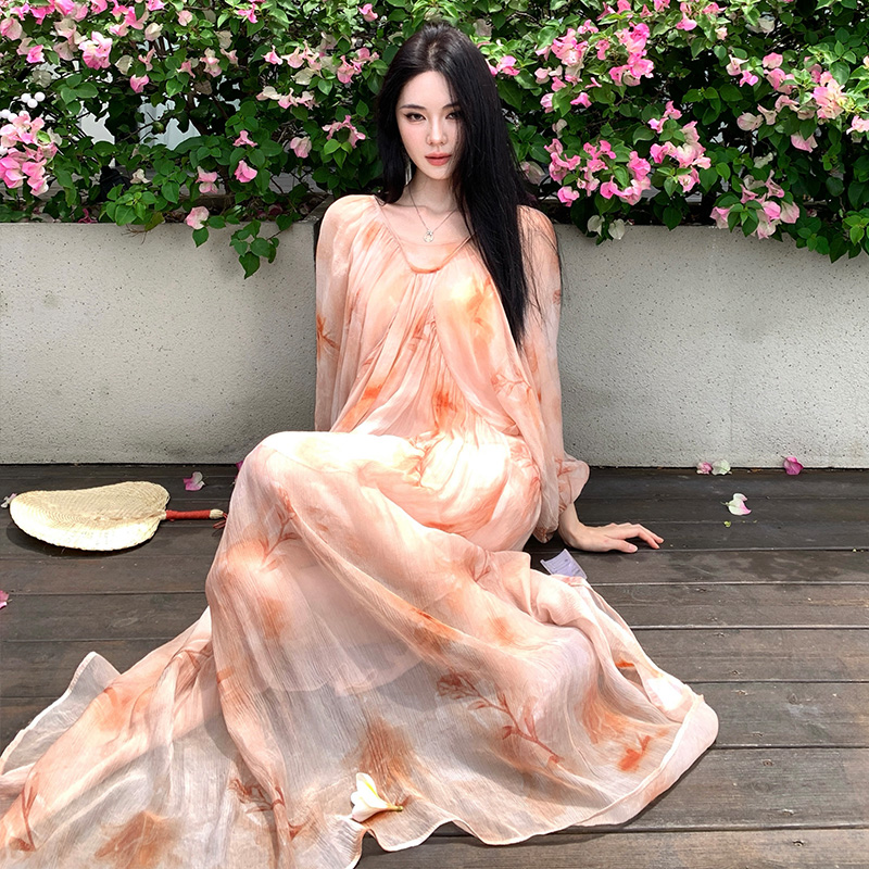 Vacation printing dress summer loose long dress 2pcs set