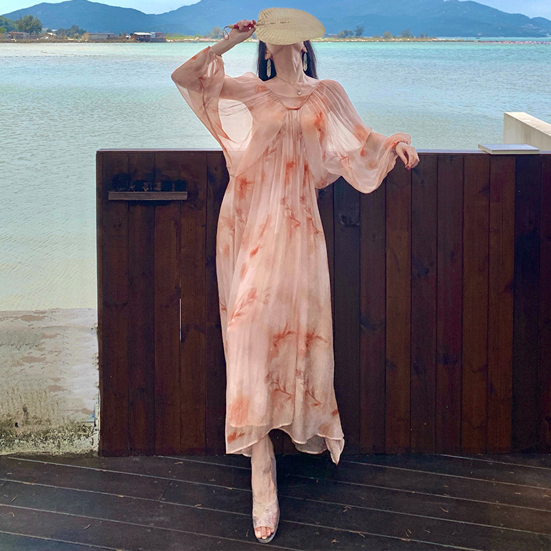 Vacation printing dress summer loose long dress 2pcs set