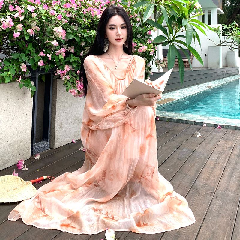 Vacation printing dress summer loose long dress 2pcs set