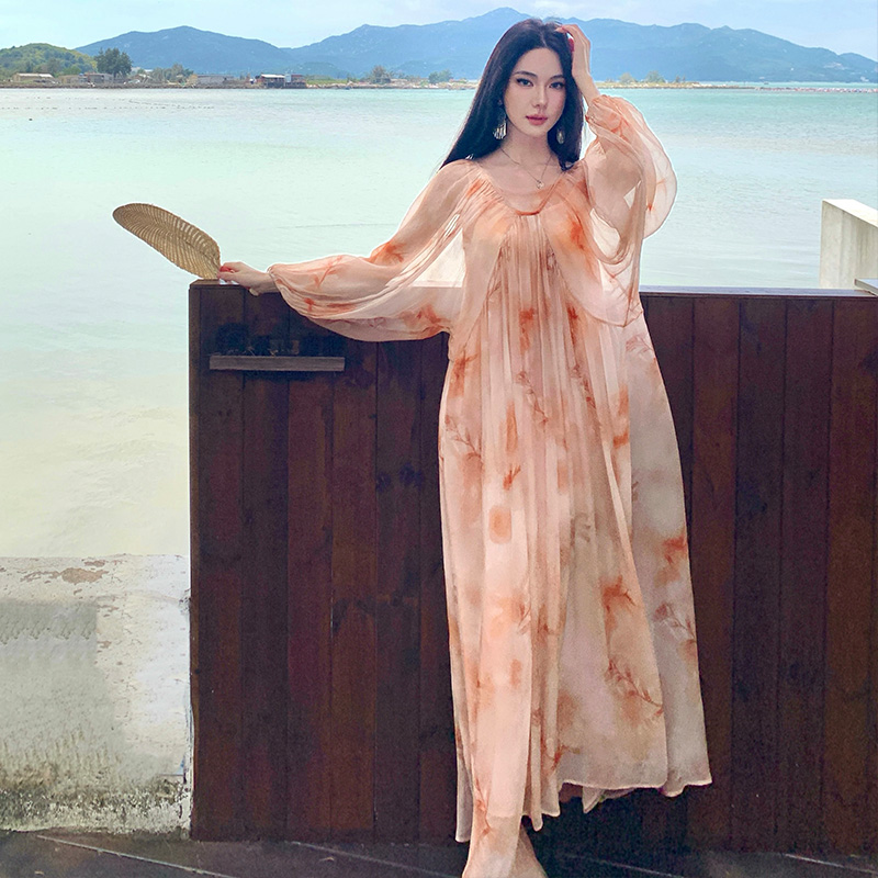 Vacation printing dress summer loose long dress 2pcs set