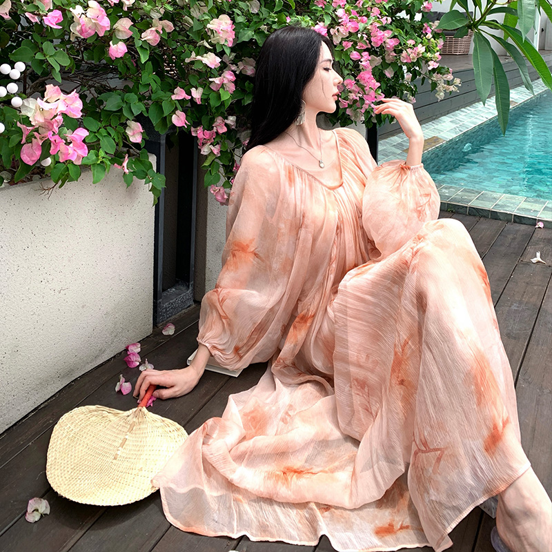 Vacation printing dress summer loose long dress 2pcs set