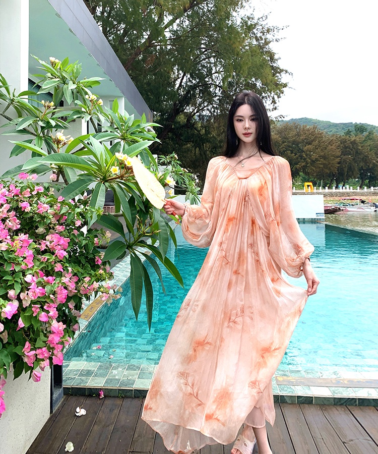 Vacation printing dress summer loose long dress 2pcs set