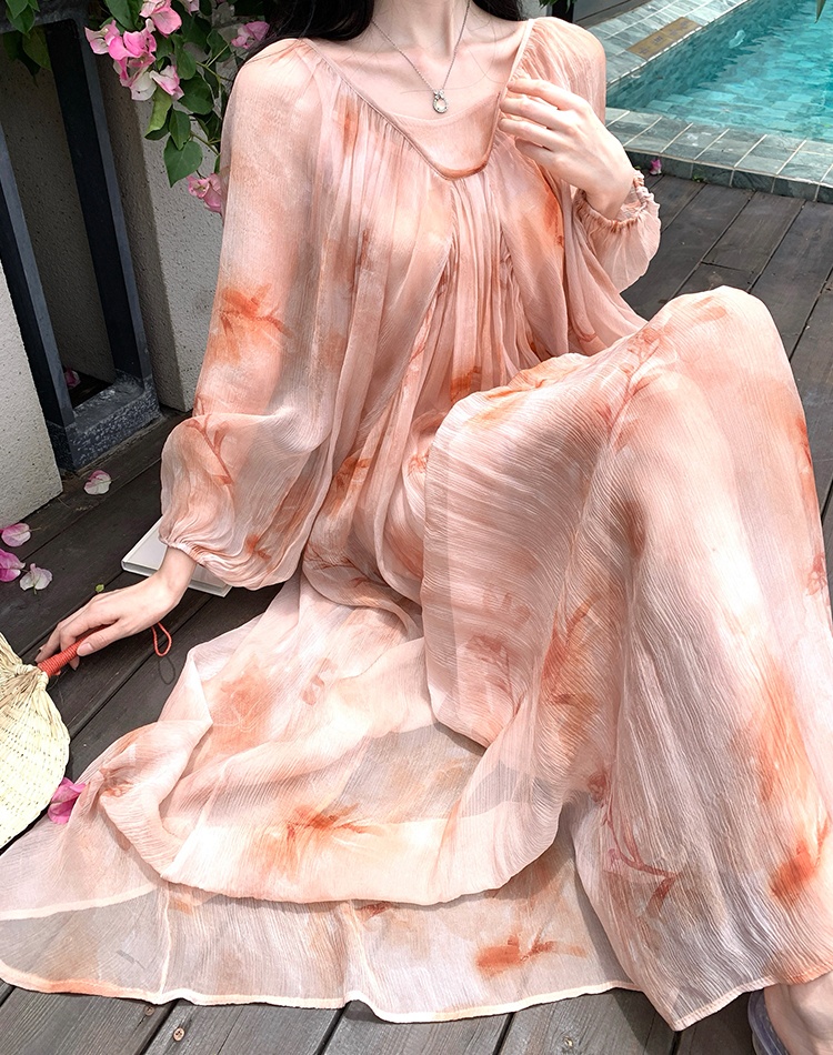 Vacation printing dress summer loose long dress 2pcs set