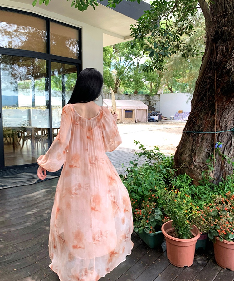 Vacation printing dress summer loose long dress 2pcs set