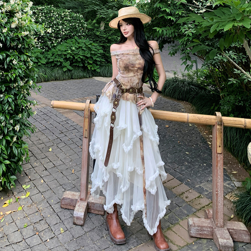 Summer lace belt strapless dress 3pcs set for women