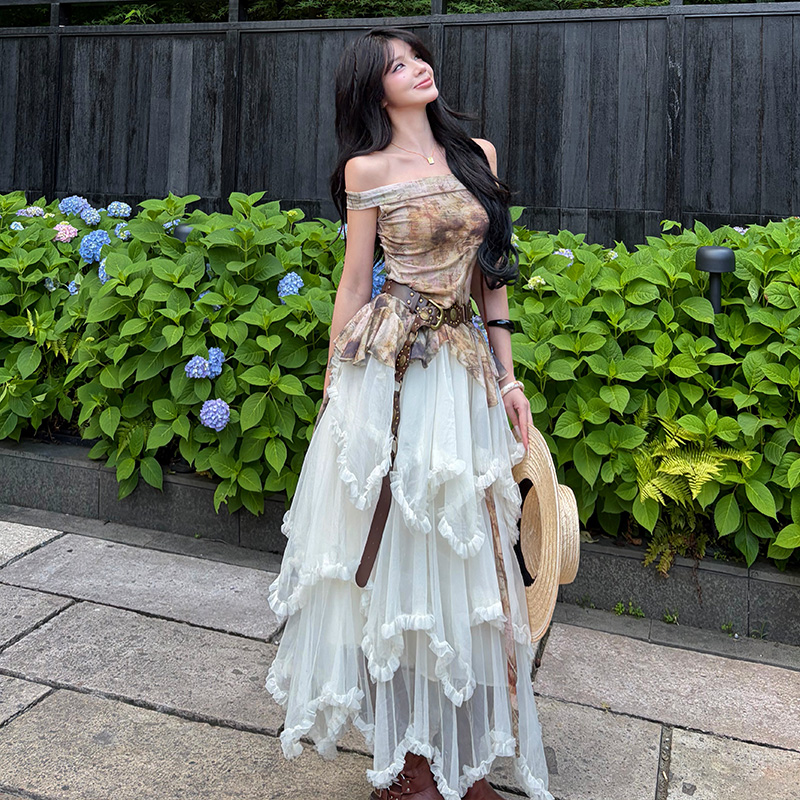 Summer lace belt strapless dress 3pcs set for women