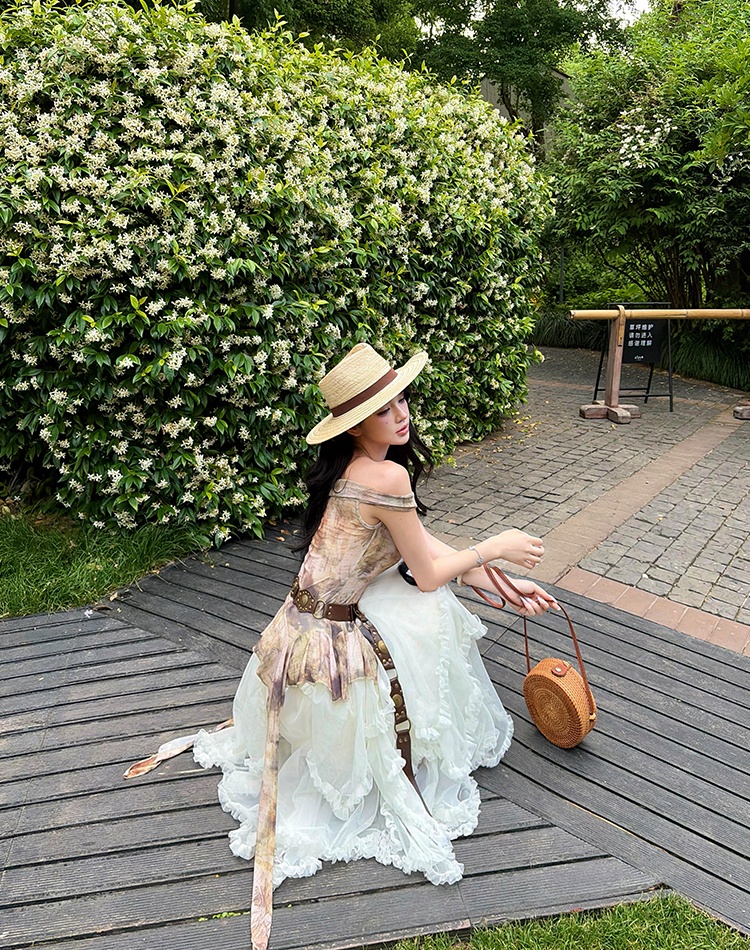 Summer lace belt strapless dress 3pcs set for women