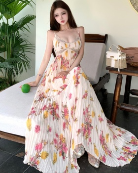 Floral pleated summer long dress hollow vacation dress for women