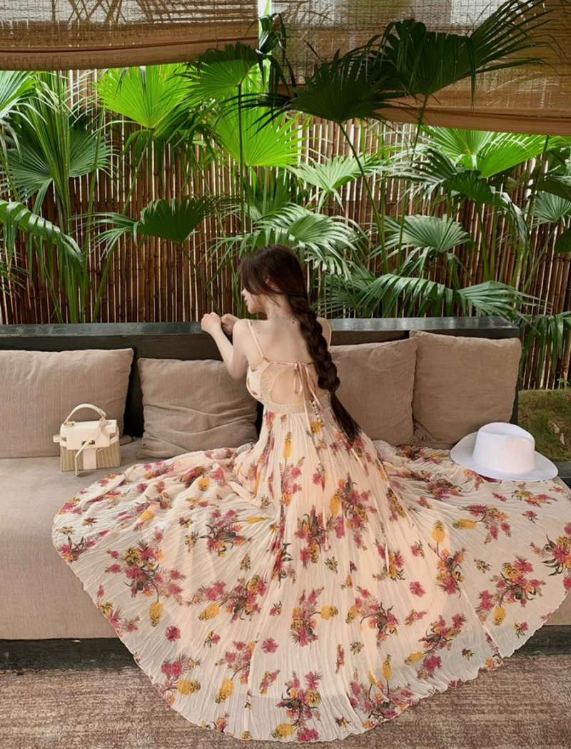 Floral pleated summer long dress hollow vacation dress for women