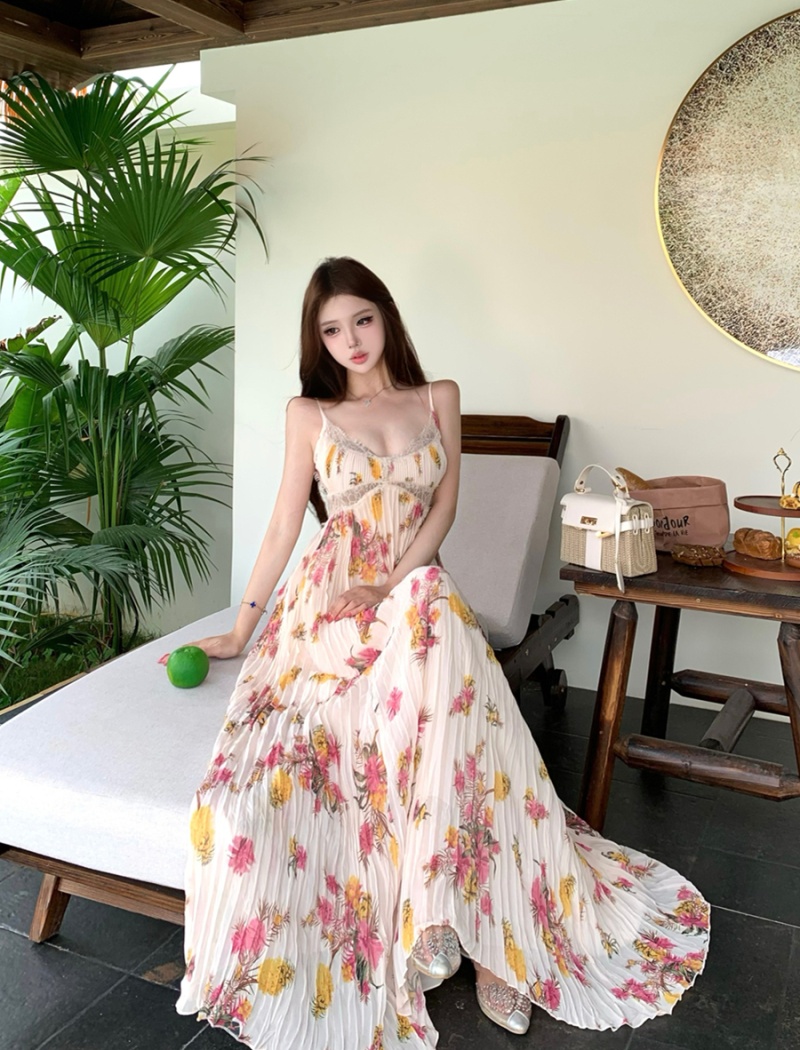 Floral pleated summer long dress hollow vacation dress for women