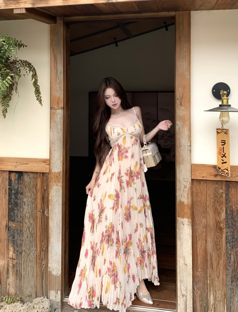 Floral pleated summer long dress hollow vacation dress for women