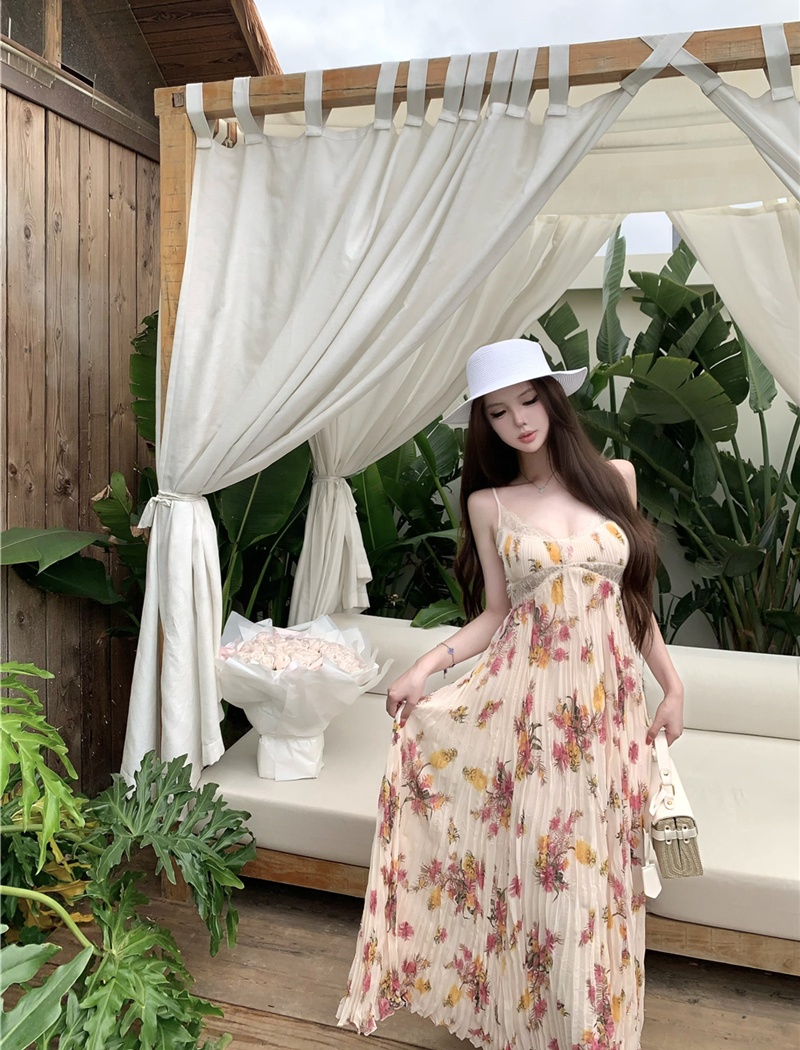 Floral pleated summer long dress hollow vacation dress for women