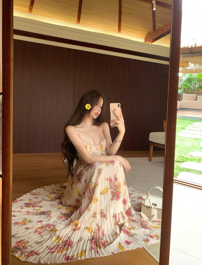 Floral pleated summer long dress hollow vacation dress for women