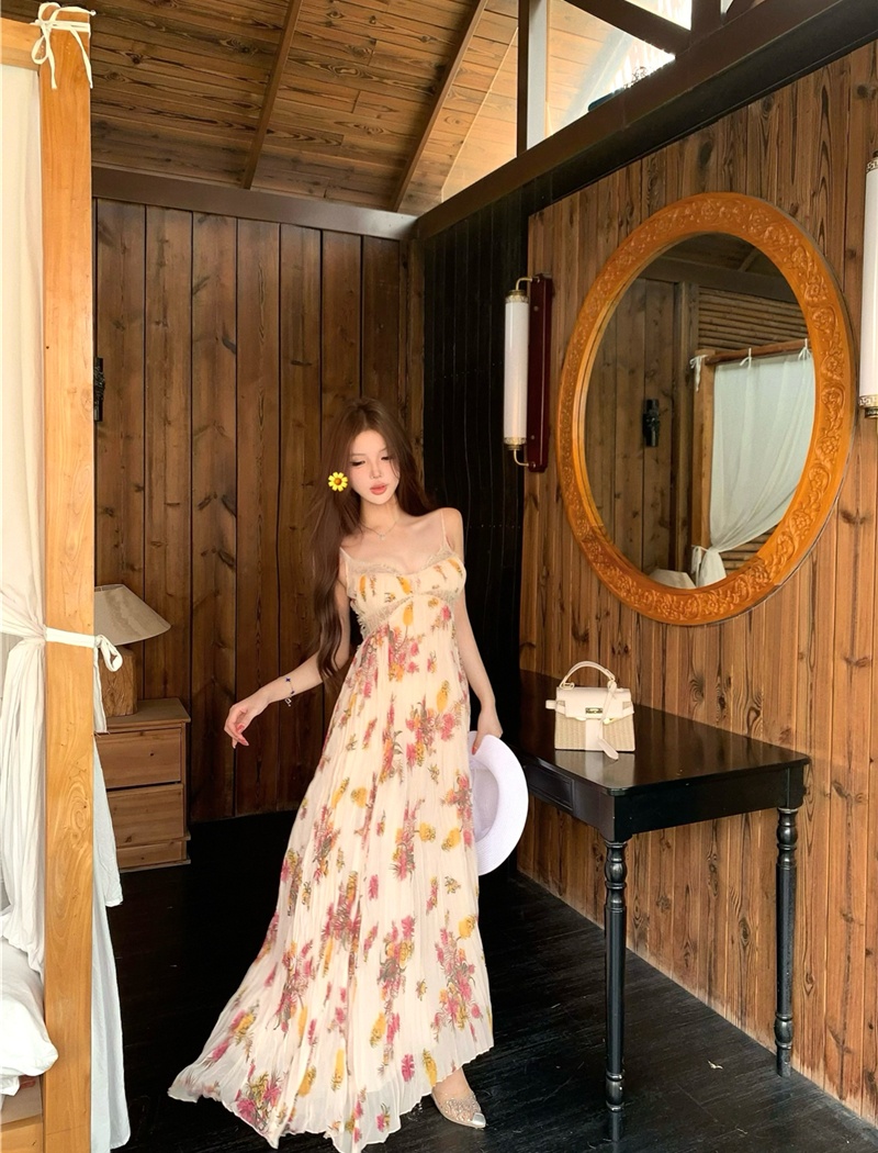 Floral pleated summer long dress hollow vacation dress for women