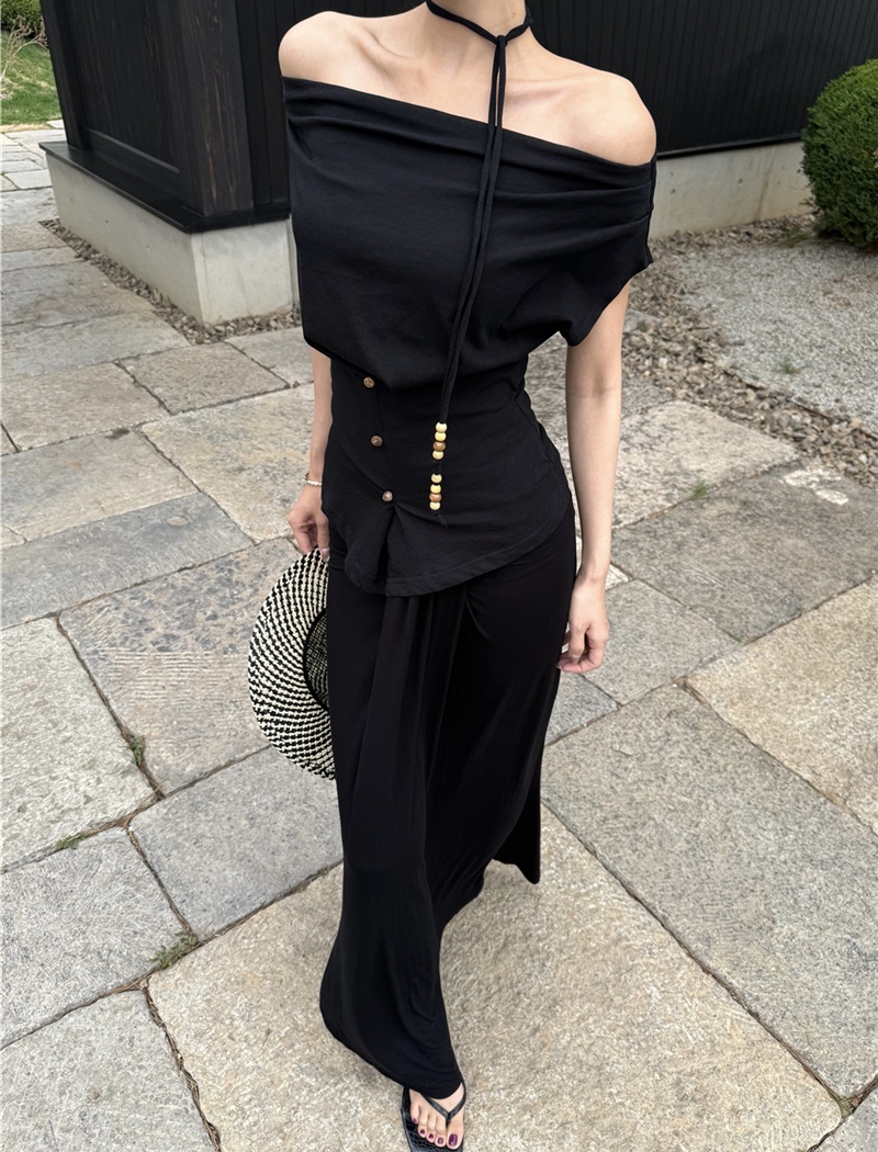 Flat shoulder tops pinched waist skirt for women