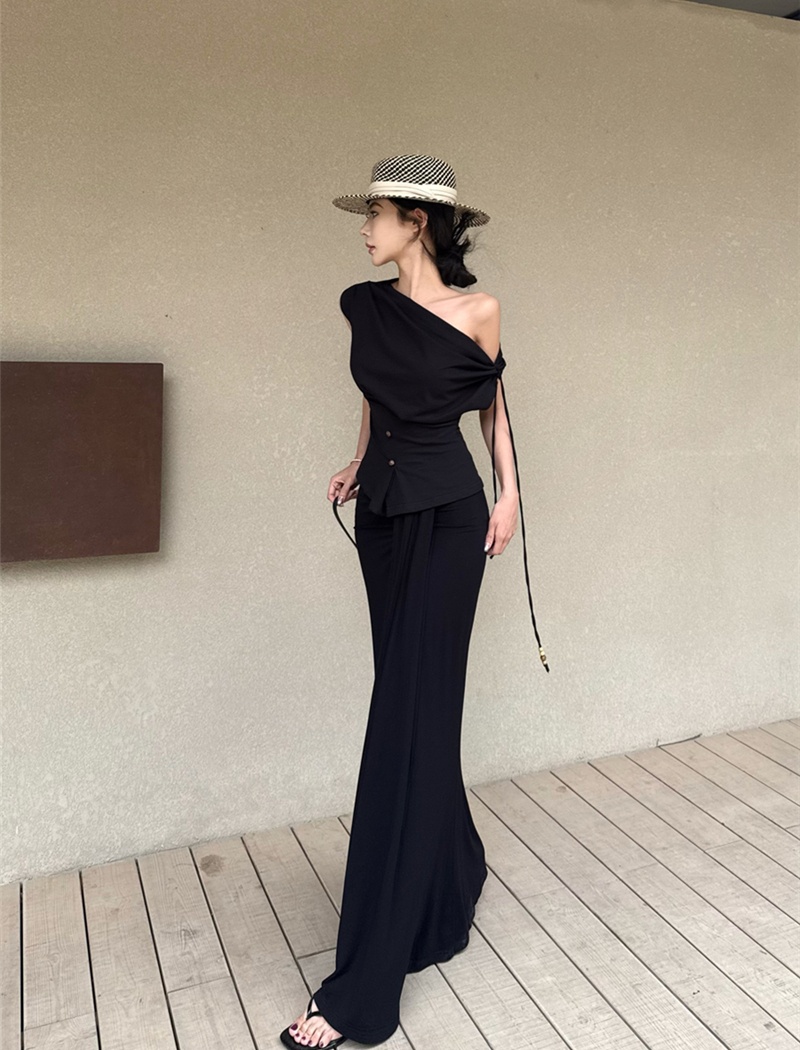 Flat shoulder tops pinched waist skirt for women