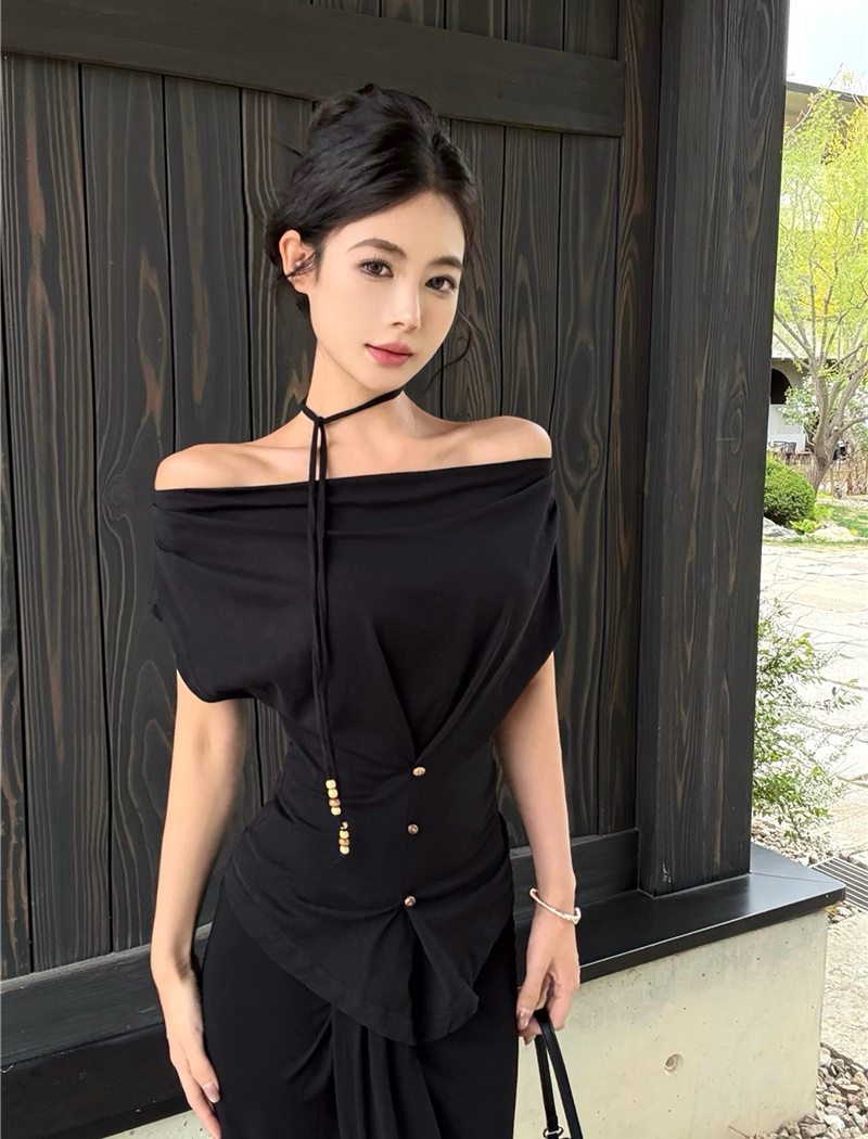 Flat shoulder tops pinched waist skirt for women